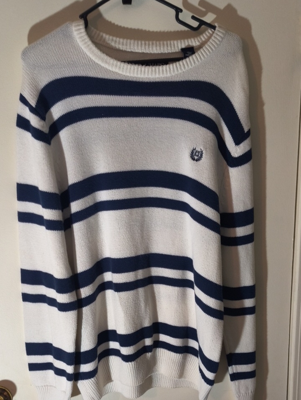 Chaps White and Navy Striped Crewneck Sweater
